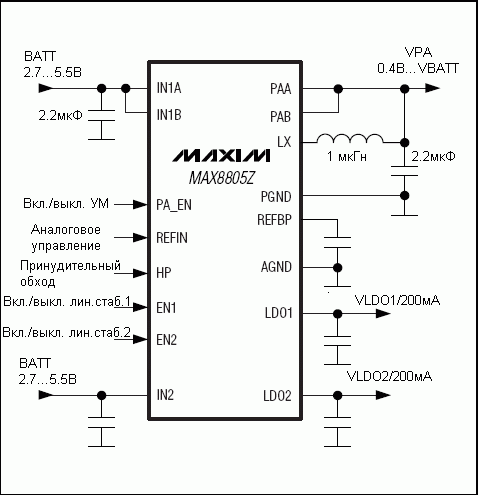 Типичная схема включения MAX8805Y, MAX8805Z