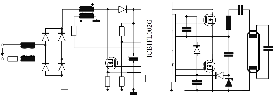 Схема ЭПРА на основе микросхемы ICB1FL02G фирмы Infineon